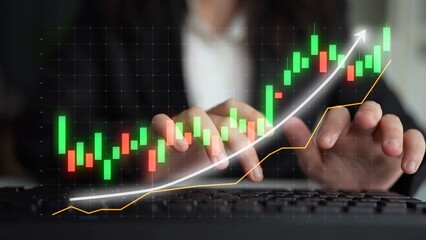 A professional businessperson is focused on analyzing stock market data on a computer. Dynamic graphs and charts highlight growth trends and investment opportunities. Copula