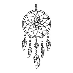 Fototapeta premium Dreamcatcher with Feathers Continuous Line Art Vector Illustration. Boho Hanging Ornament Sketch. Native American Symbol.