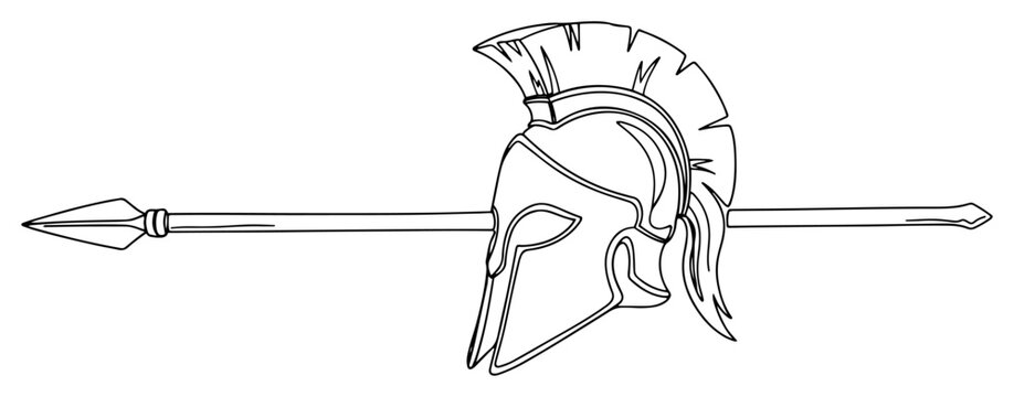Spartan Warrior Helmet and Spear Weapon Continuous Line Art. Ancient Greek Soldier Equipment Sketch. Battle Symbol.