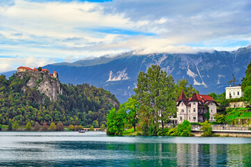 Bled Castle and beautiful old houses, Lake Bled, Slovenia