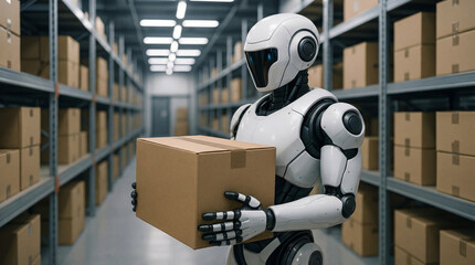 A robot is holding a cardboard box in a warehouse. The background has storage shelves stacked with boxes. The setting is well-lit and organized