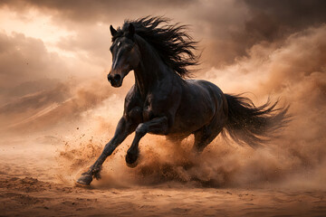 Powerful black horse galloping across a dusty desert landscape, creating dramatic motion and expressing strength, freedom, and wild energy..
