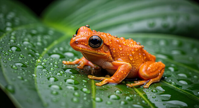 Vibrant orange frog perched on a lush green leaf with water droplets detail