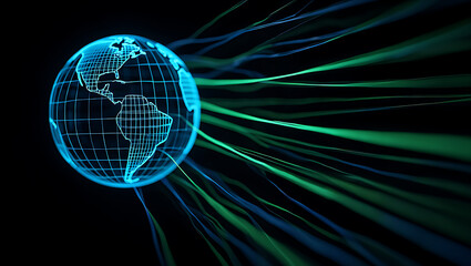 Blue wireframe globe with green and blue light streaks emanating outwards on a dark background earth
