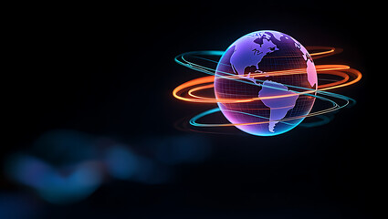 Futuristic glowing globe with orbiting light trails on a dark background earth world