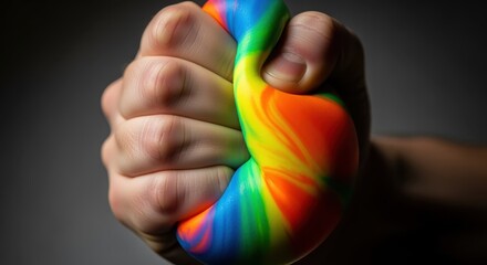 hand squeezing colorful stress ball with rainbow colors for relaxation and therapy
