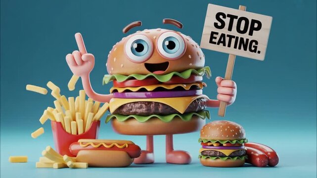 A whimsical 3D cartoon animation featuring an anthropomorphic cheeseburger character standing center frame against a clean teal studio background