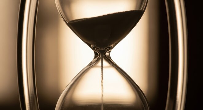 close-up of hourglass with sand flowing symbolizing time passing and urgency in sepia tone