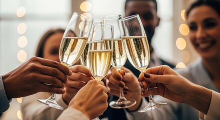diverse friends celebrating with champagne toasts at an elegant evening party indoors