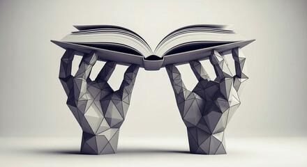 Geometric hands shape (no realism) holding a book from below.