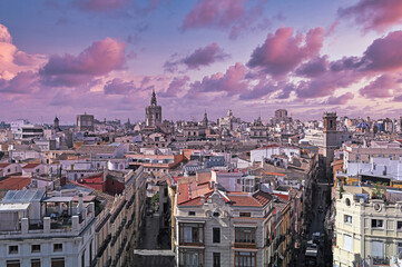 Church towers and old buildings in morning, Valencia cityscape