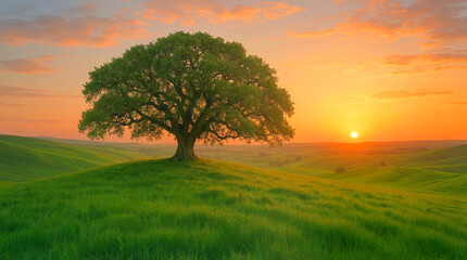 Sun sets behind rolling hills in a landscape filled with green grass. A single tree stands tall on a hill, creating a silhouette against the colorful sky