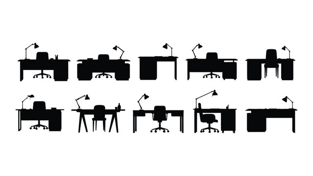 Modern office setup with various desks and chairs isolated on white background, Vector