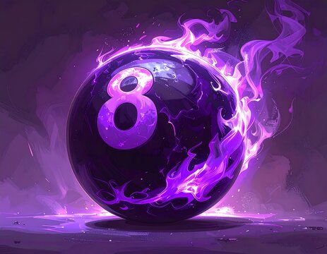 Digitally created artistic representation of a magic 8-ball encircled in purple, ethereal flames against a dark background