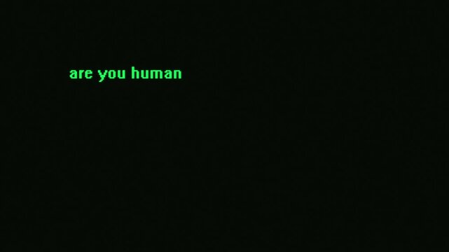 Green text "Are you human?" appears on a black computer terminal.Simulating digital interaction. Programming concept.