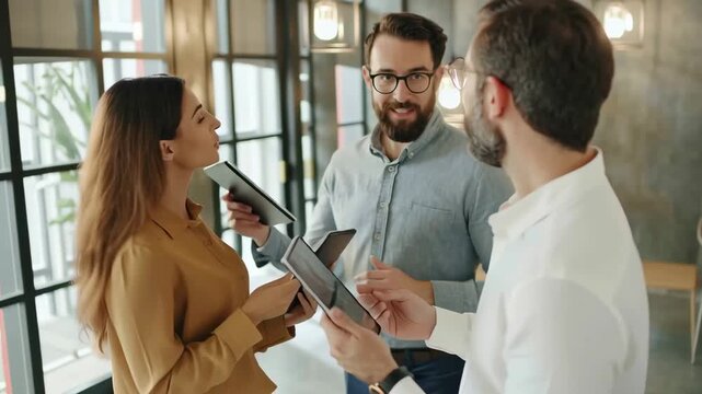 Three professionals discussing information on tablets indoors.