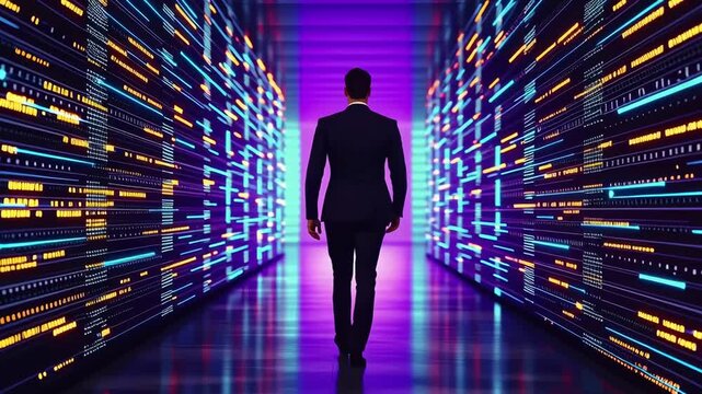 A figure in a suit walking through a colorful digital corridor.