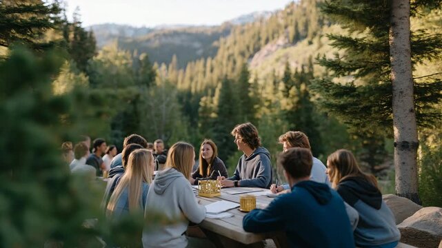 A team of professionals gathered around a picnic table, eagerly discussing strategies and solutions during a creative brainstorming session amidst nature, surrounded by trees and greenery.