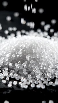 White plastic granules or pellets spilled on a black surface.