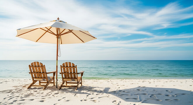 Serene beach scene with two chairs and umbrella