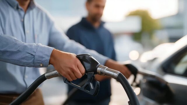 Busy gas filling station with people refueling vehicles, drivers holding fuel nozzles beside cars, everyday transportation routine highlighting energy supply, mobility, urban infrastructure, and