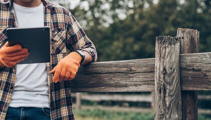Farmer in a plaid shirt and orange gloves holds a digital tablet, leaning on a rustic wooden fence in a rural outdoor setting with a blurred green background