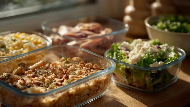 Busy weekday meal prep with lunch items measured by portion, packed into portable containers to support nutrition control and on-the-go eating. cinematic color correction, natural uneven lighting