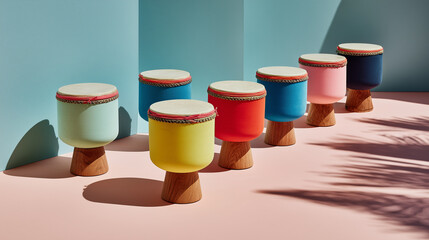Minimalist AI-generated image of colorful samba drums aligned in a surreal pastel environment with sharp shadows.