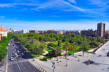 Plaza de la Crida and Pont de Serranos, Valencia cityscape, view from Torres de Serranos, Spain
