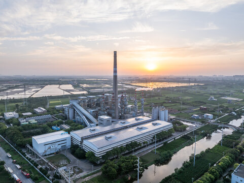 aerial view power station during sunset