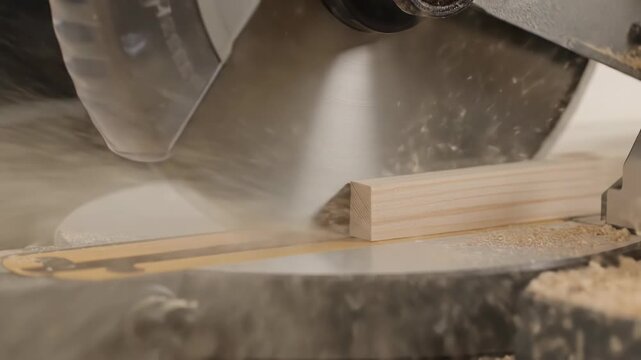 A miter saw precisely cuts a piece of light-colored wood. Sawdust flies as the sharp blade completes the cut.