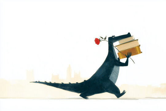 Dragon carrying books and rose for sant jordi holiday