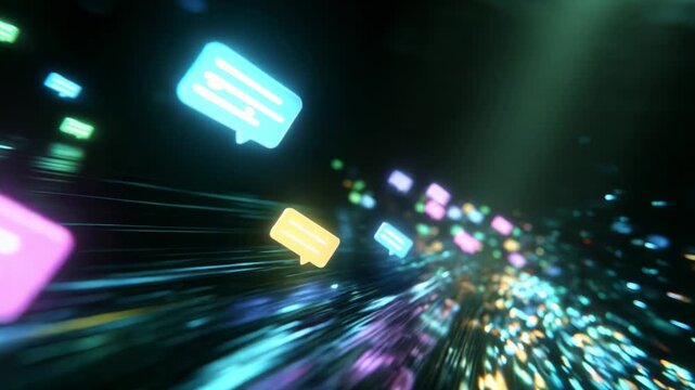 A Dynamic Visual Journey Through Abstract Digital Messaging: Colorful Speech Bubbles Flowing Amidst a Mesmerizing Array of Bright Light Trails, Evoking the Essence of Online Communication