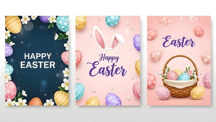 Happy easter greeting cards with easter eggs and bunny