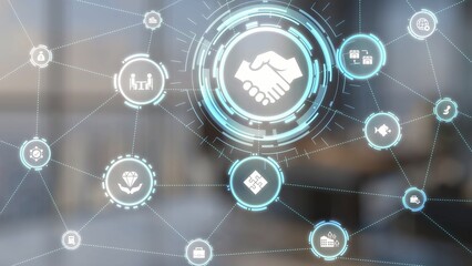 Obraz premium Business concept icons showing mergers and acquisitions, partnership, investment, and growth. mergers and acquisitions creates synergy, supports expansion, and drives corporate value. Gist