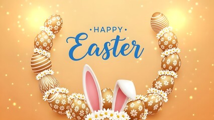 Happy easter wishes with golden eggs and bunny ears on orange background