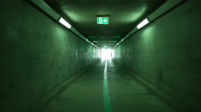 Moving through a dark green tunnel towards a bright exit. Emergency signs guide the way along the concrete walls.