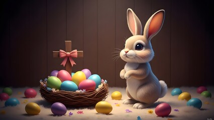Happy easter bunny with colorful eggs in a basket
