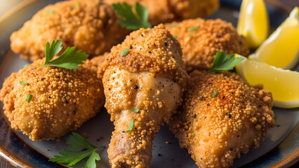 Golden brown chicken legs seasoned with pepper and paprika, served with fresh herbs and citrus