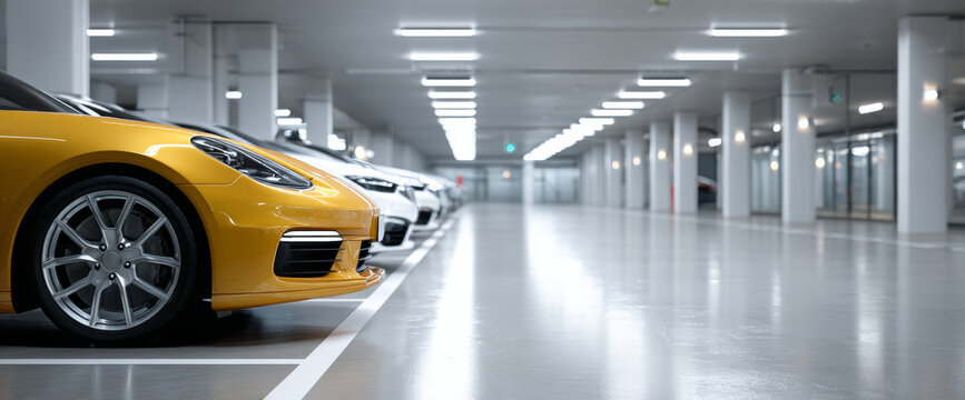 Row of luxury sports cars parked in a clean, modern underground parking garage with bright overhead lighting and polished concrete floor