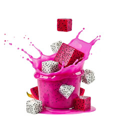 Fresh dragon fruit splashing in a vibrant pink liquid with cubes and hearts in a dynamic splash scene