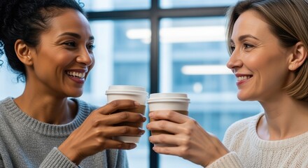 two women enjoying coffee together in a cozy urban cafe with smiles and friendship