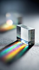 A glowing translucent prism casts pastel spectrum rays in a serene, minimal design. Soft grain and radiant glow evoke modern mindfulness and inner calm.