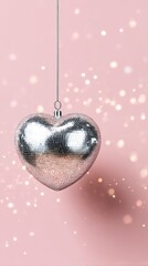A sparkling silver heart-shaped disco ball glimmers against a soft pink backdrop. Glittering reflections create a dreamy, glamorous scene brimming with romance.