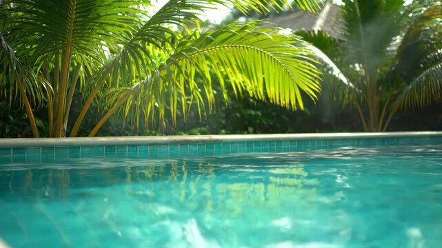 Clear blue swimming pool water reflects lush green palm trees. Sunlight filters through leaves, creating a serene tropical paradise.