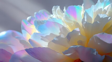 A closeup of a white peony bathed in prism light, rainbow colors softly blending across silky petals. Ethereal shadows and pastel tones create a dreamy, delicate macro floral scene.