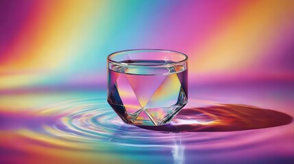A prism partially submerged in a water bowl casts refracted rainbow rays over fluid ripples. Vivid gradients and soft elongated shadows create a bold, colorful composition.