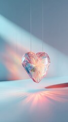 Suspended crystal heart glows with a neon pink light, casting vivid refractions and colorful shadows. A futuristic and glamorous Valentine-inspired art piece.