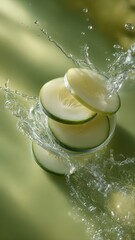 Sliced cucumber is captured mid-splash, radiating freshness and hydration. Vivid pale green tones and crisp water droplets evoke a vibrant wellness aesthetic.