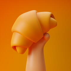Cartoon hand holding giant plain croissant isolated over yellow background. 3d rendering.